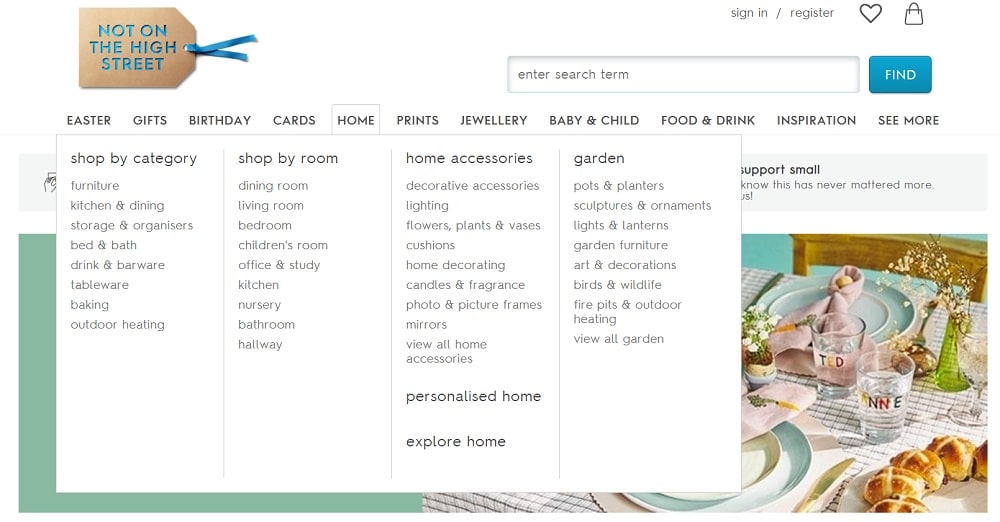 Not On The High Street Site Navigation