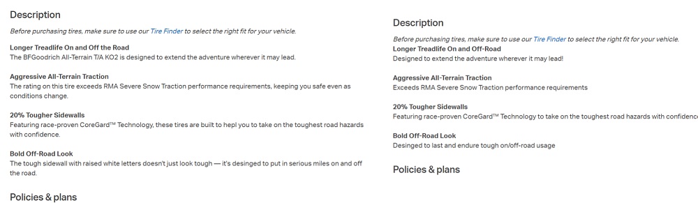 Sam's Club Different Tire Descriptions