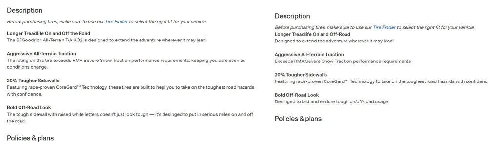 Sam's Club Different Tire Descriptions