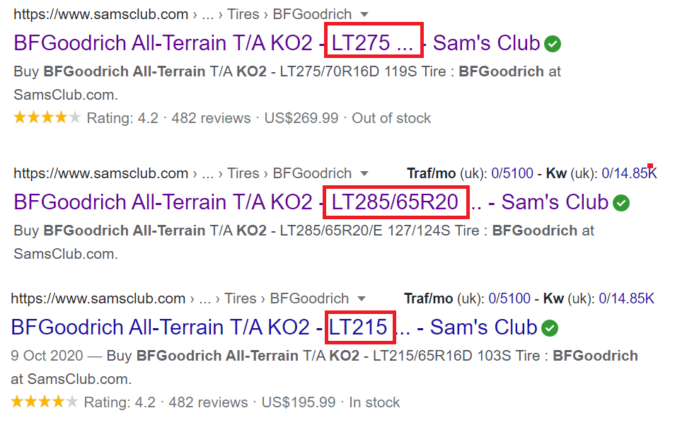 Sam's Club Tire Size Variations