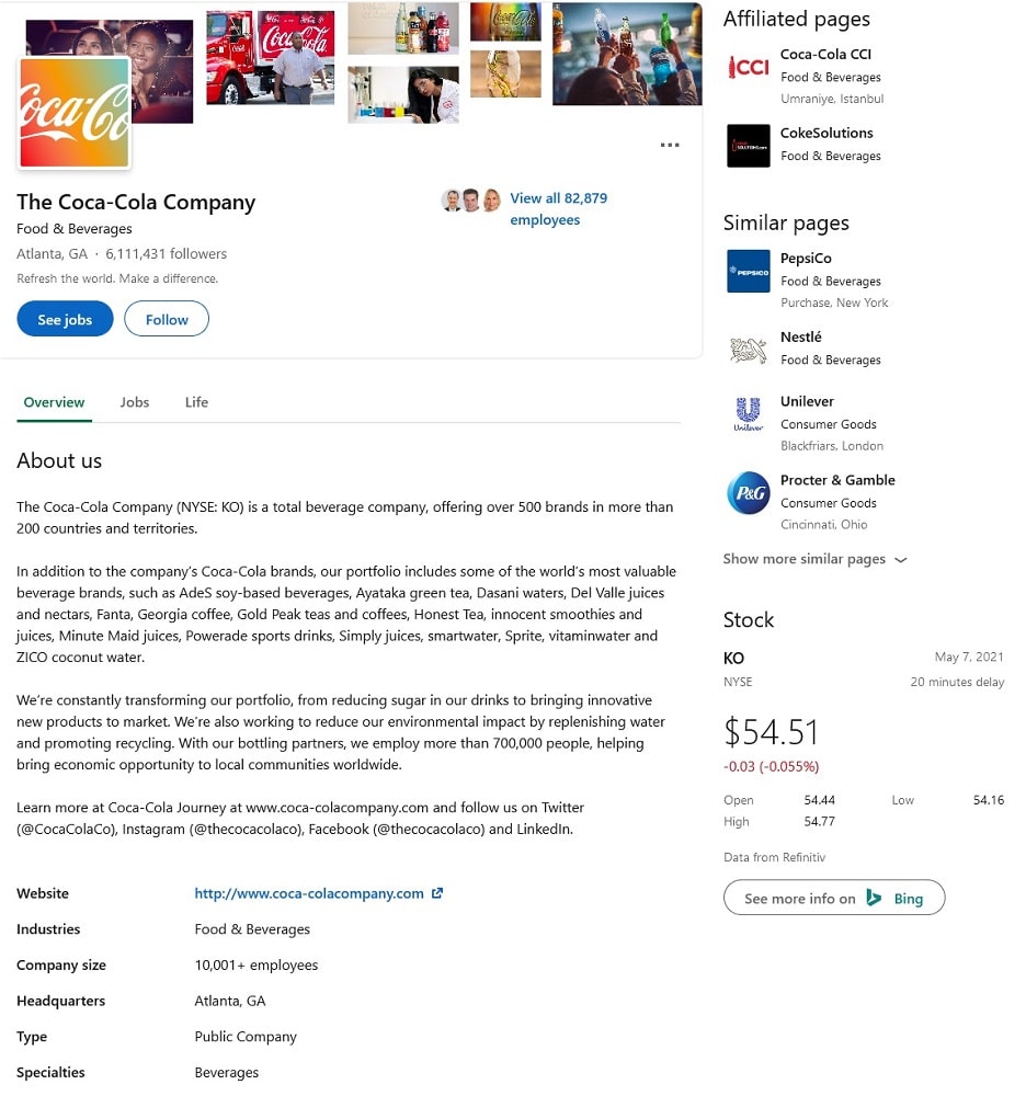 Coca Cola LinkedIn Page
