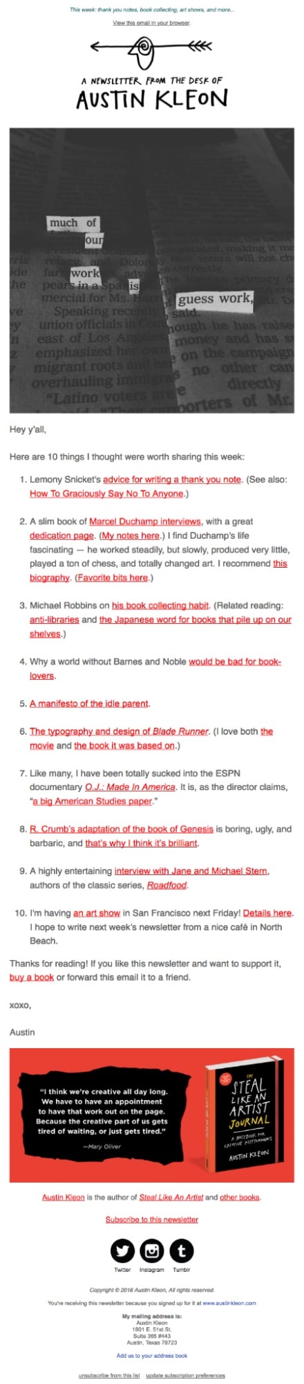 Austin Kleon informative newsletter