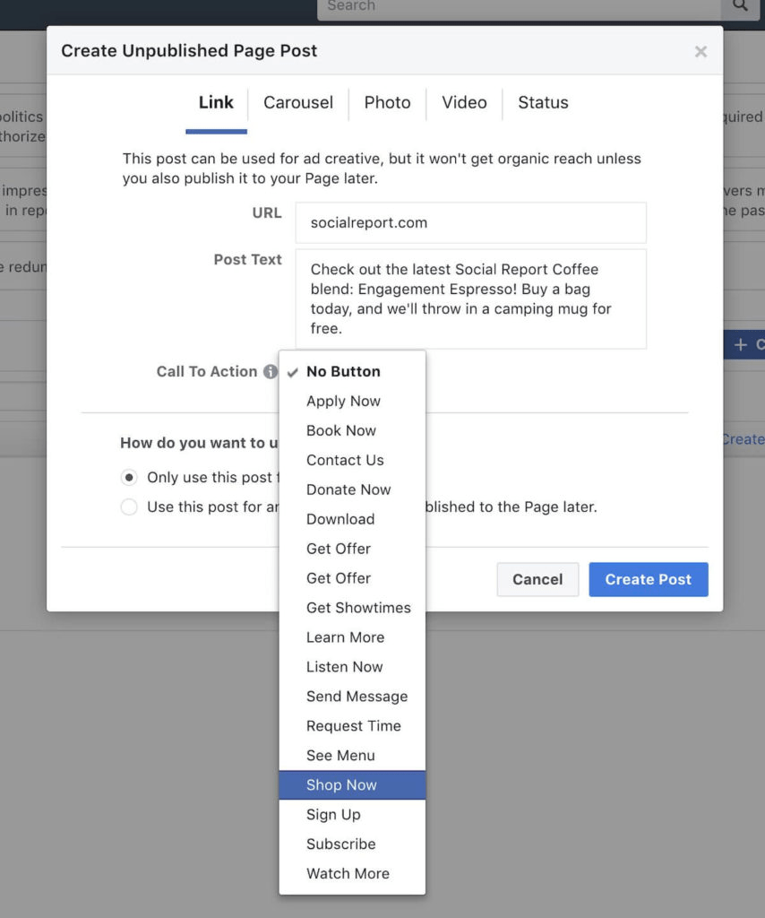 Facebook ads CTA options