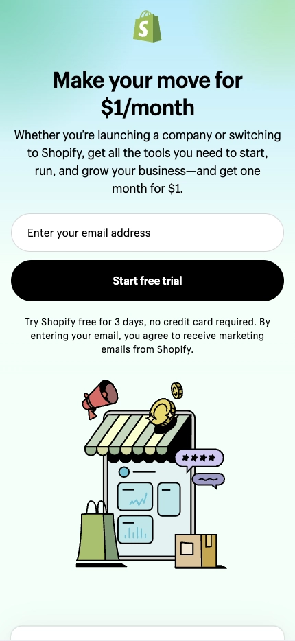 Mobile Landing Page Example #10. Shopify