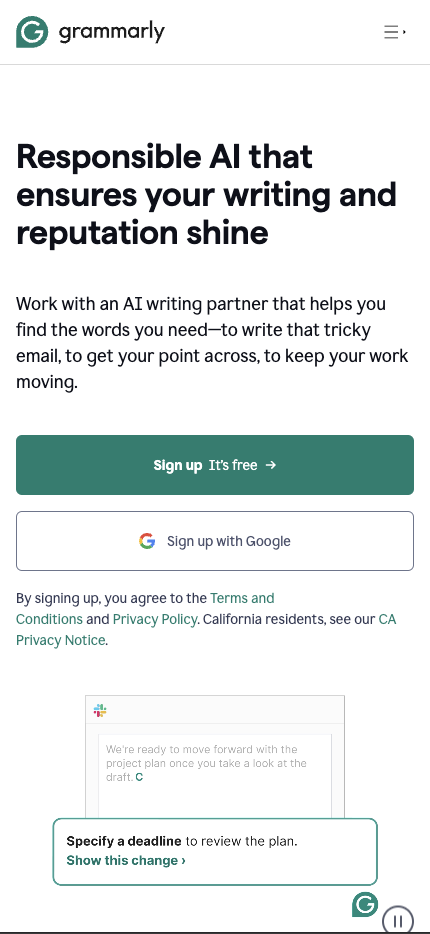 Mobile Landing Page Example #26. Grammarly