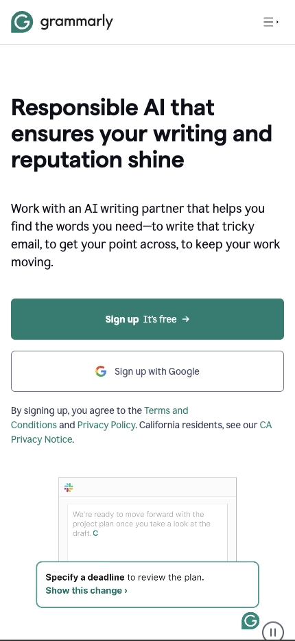 Mobile Landing Page Example #26. Grammarly