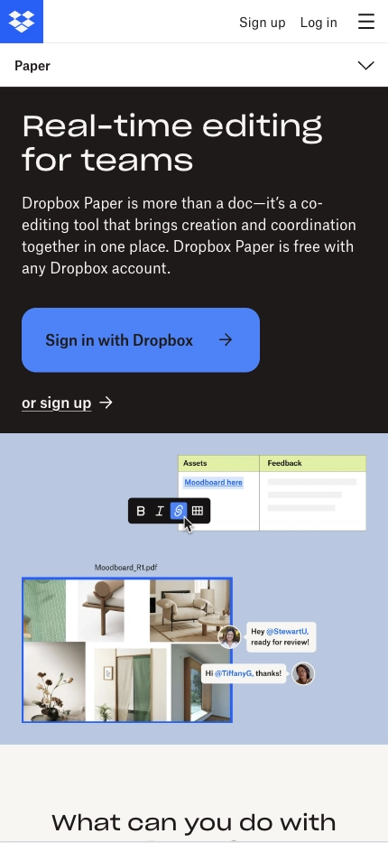 Mobile Landing Page Example #33. Dropbox Paper