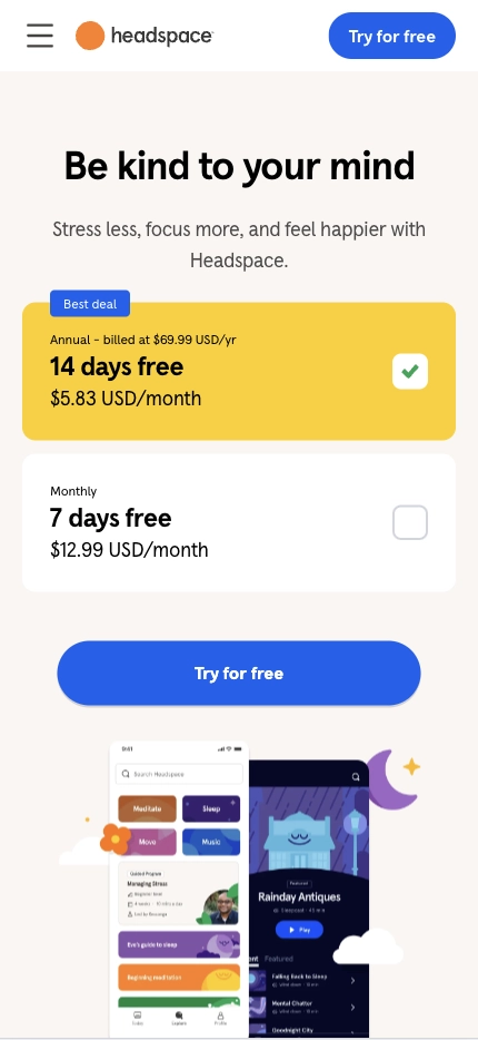 Mobile Landing Page Example #34. Headspace