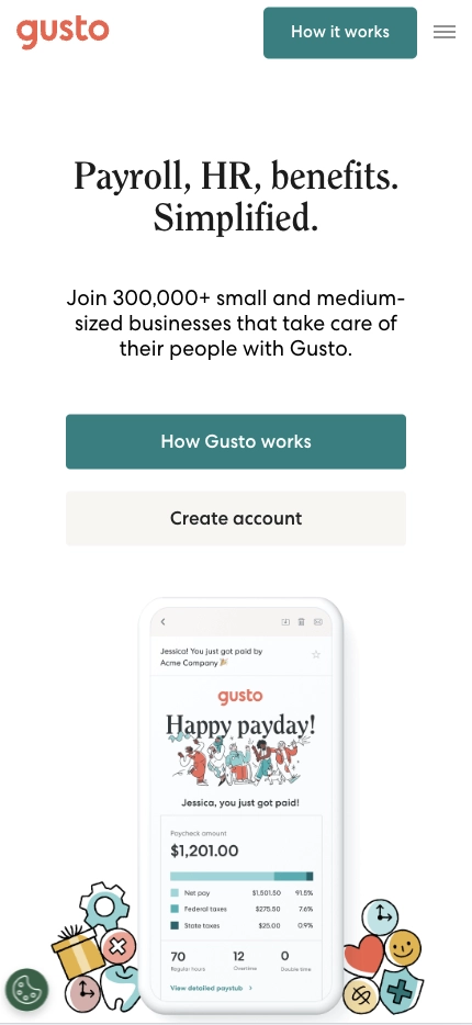 Mobile Landing Page Example #40. Gusto