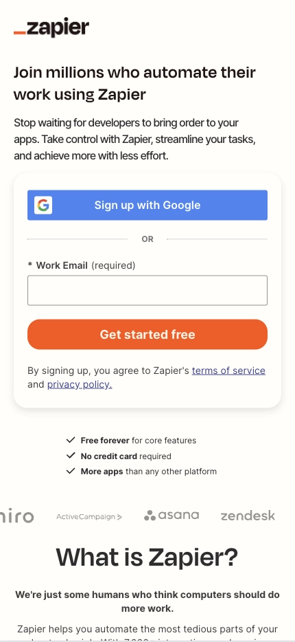 Mobile Landing Page Example #43. Zapier