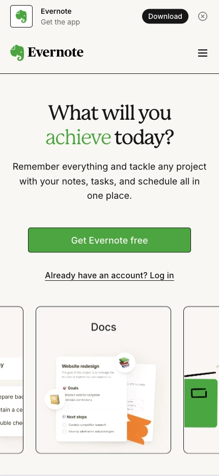 Mobile Landing Page Example #5. Evernote
