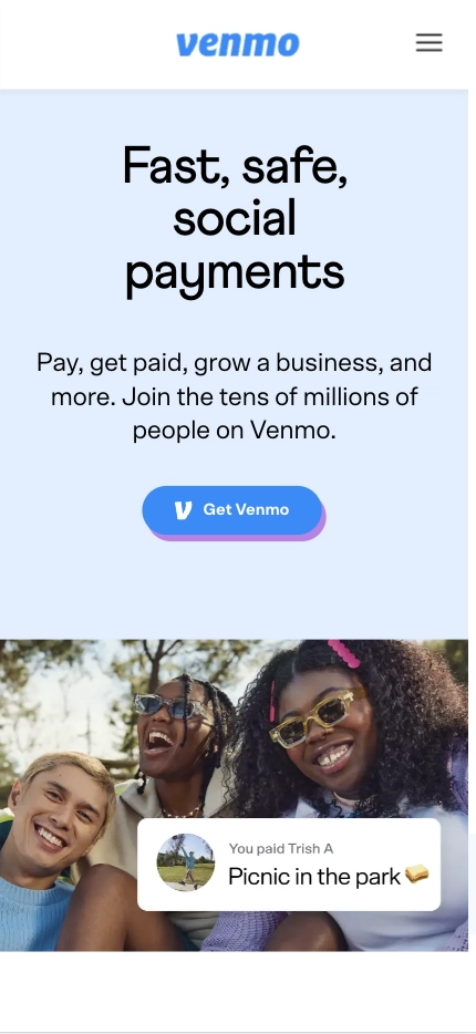 Mobile Landing Page Example #55. Venmo