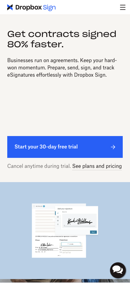 Mobile Landing Page Example #71. Dropbox Sign