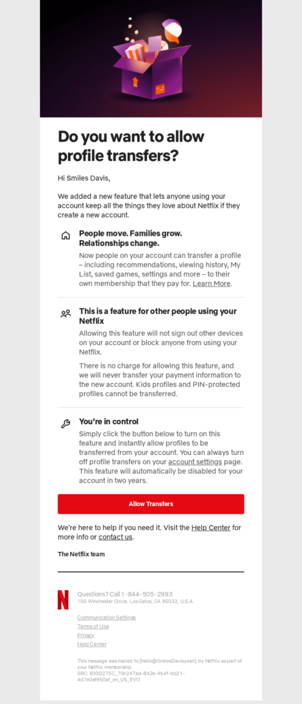 Netflix Profile Transfer Email