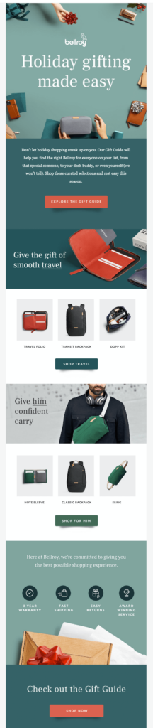 Bellroy’s Holiday Gift Guide Email