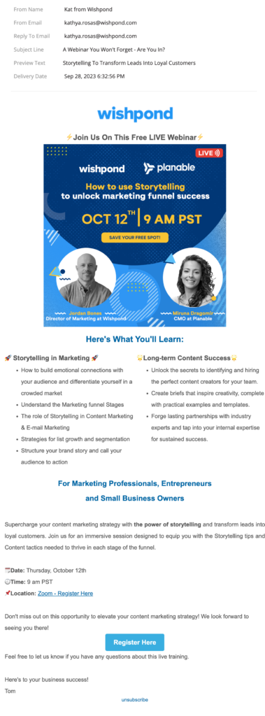Wishpond’s Storytelling Webinar Invitation Email